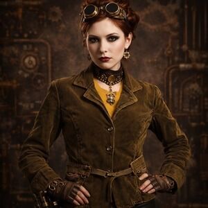 Vintage Y2K Corduroy Jacket Belted Fleece Warm Olive L Academia Steampunk Grunge